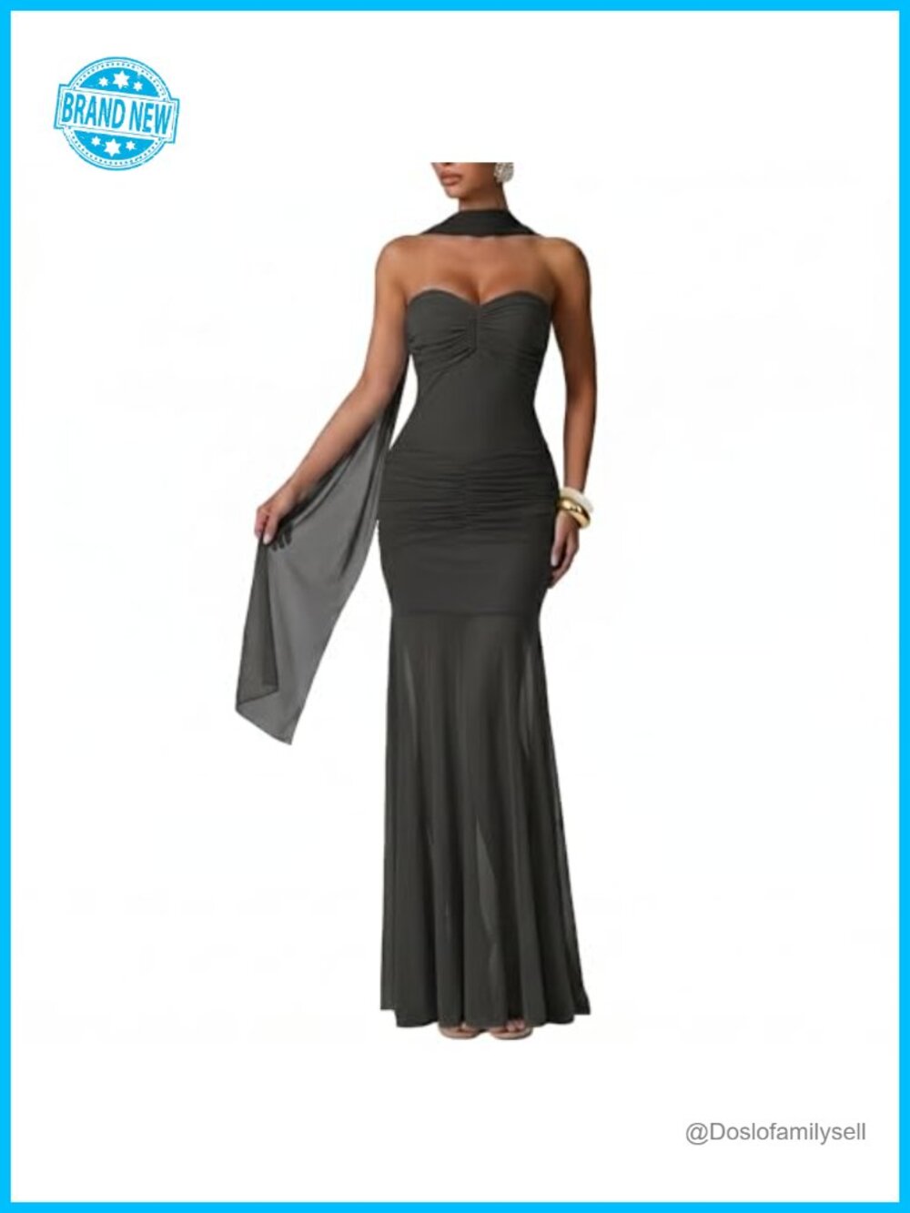 Women's Ruched Bodycon Mermaid Maxi Dress with Neck Scarf